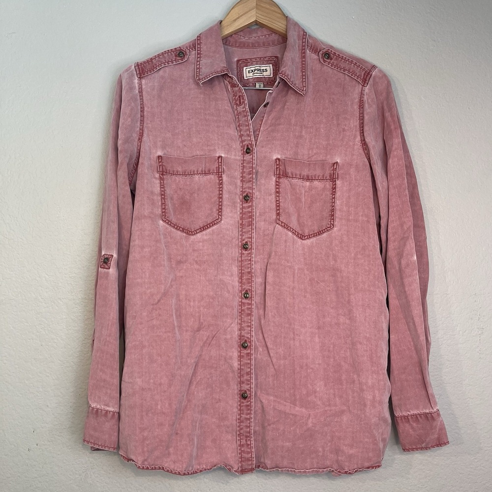 Express Boyfriend Womens Medium Salmon Pink Button Up Long Sleeve Shirt Lyocell